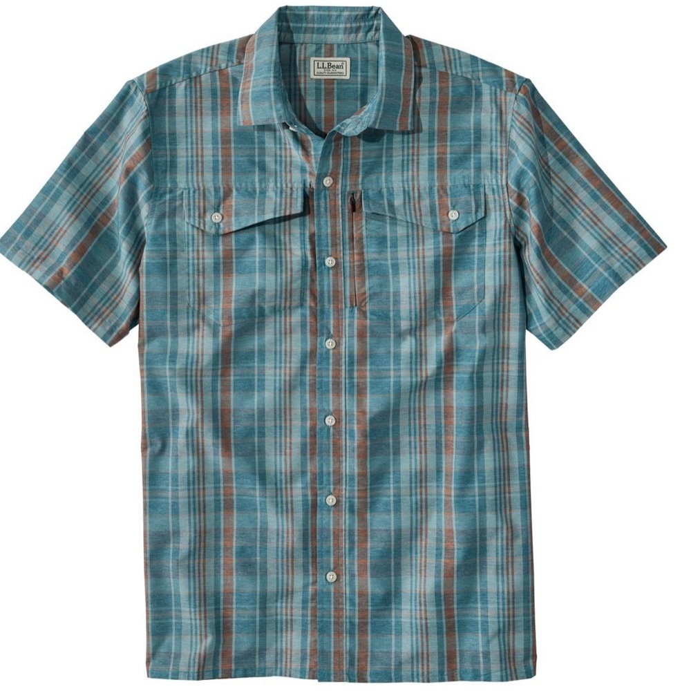 L.L. Bean SunSmart Cool Weave Short Sleeve Shirt in Dark Lagoon/Dark Barley